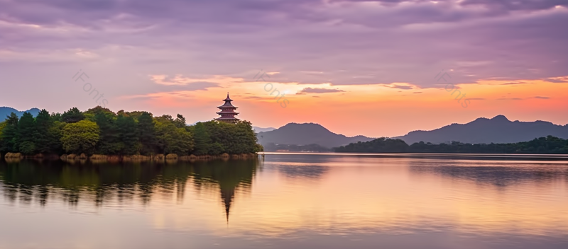 橙色美丽唯美朝霞夕阳湖面眺望古塔风景背景,高清,摄影图,摄影图片,图片大全,摄影图免费下载